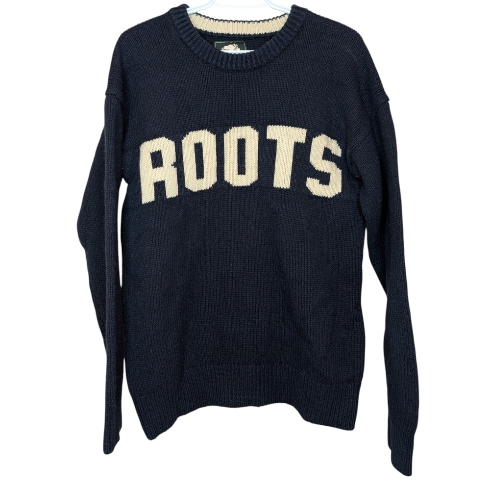 Roots Navy Knit Logo Sweater Wool Blend Crewneck Large